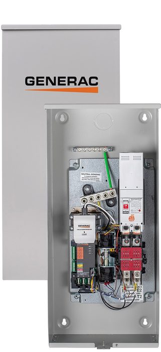 Generac GenReady 200-amp automatic transfer switch, shown closed and open